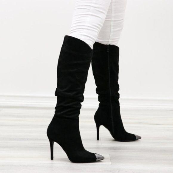 Pointy Toe Below The Knee Black Boots Faux Suede - Picture 14 of 16